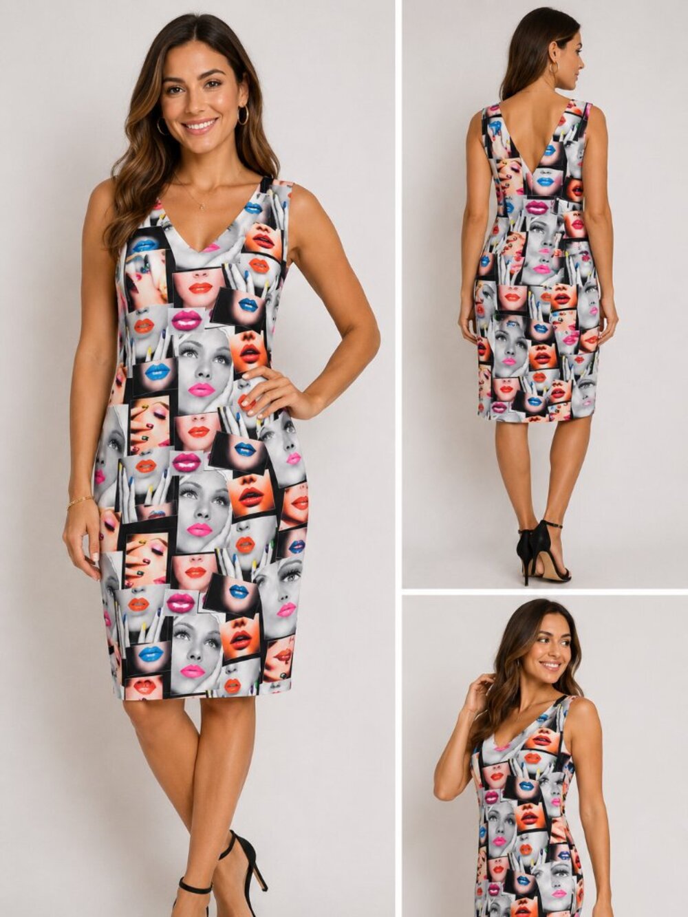 Tricotto Pop Art Print Sheath Dress Size M | Lip & Makeup Graphic Dress